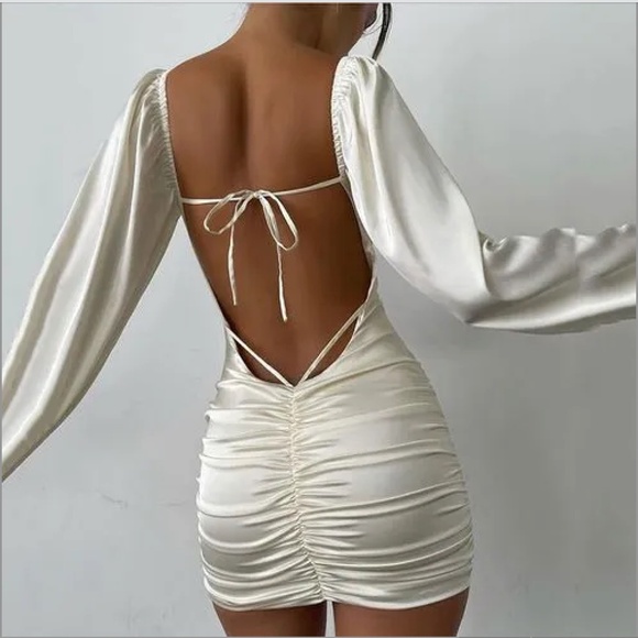 YesStyle Dresses & Skirts - Long Sleeve Open Back Tie Strappy Ruched Mini Dress